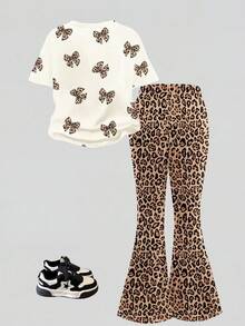 SHEIN Bộ 2 món gồm áo thun ngắn tay cổ tròn in họa tiết báo đốm và quần ống loe, trang phục thường ngày cho bé gái, mùa xuân và mùa hè. - Nhiều màu - Xem 2