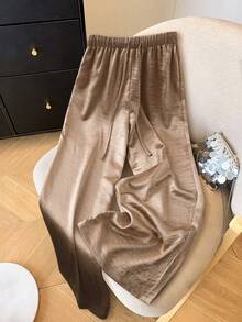 SHEIN Franclia Women's Spring/Summer Embossed Pattern High Waist Wide Leg Pants, Acetate Chiffon Fabric, Loose Fit Casual Trousers - Champagne - View 3