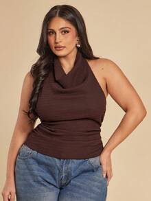 SHEIN BAE Plus Size Women's Brown Solid Textured Knit Halter Neck Slim Fit Pleated Backless Top,Elegant Autumn Night Out Club Tight-Fitting Y2k Party Tops - Brown - View 10