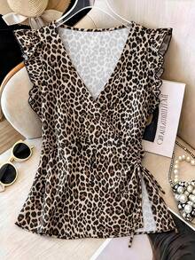 GlowEve CURVE Plus Size Women Leopard Print V-Neck Ruffle Sleeve Loose Side Slit Blouse,Khaki,Summer,Classy,Night Out Club Casual Top,Elegant Animal Print Fashion - Multicolor - View 3