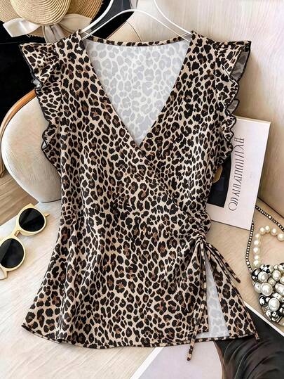 GlowEve CURVE Plus Size Women's Leopard Print V-Neck Ruffle Sleeve Loose Side Slit Casual Blouse, Elegant, Fashionable, Versatile, Suitable For Daily Wear, Commuting, Beach, Resort, Spring/Summer