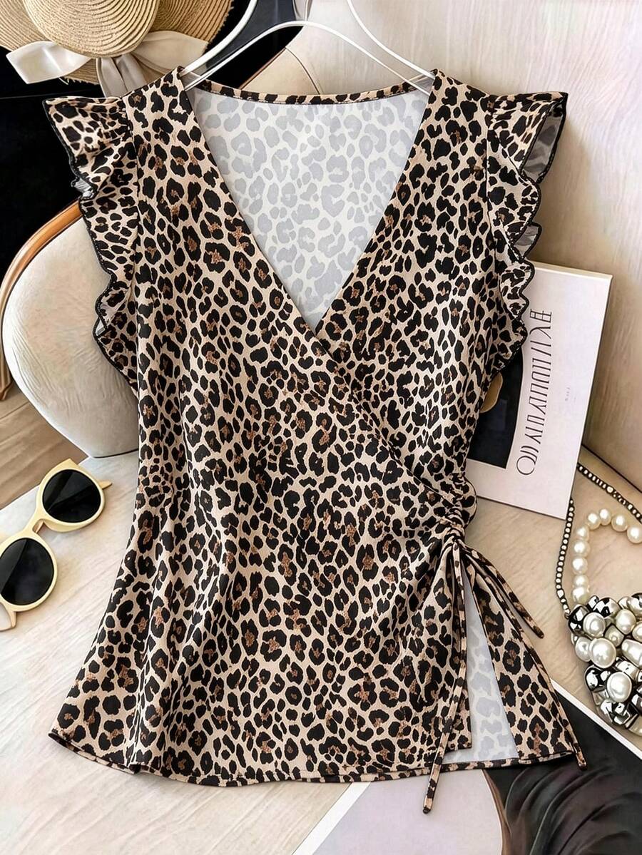 GlowEve CURVE Plus Size Women Leopard Print V-Neck Ruffle Sleeve Loose Side Slit Blouse,Khaki,Summer,Classy,Night Out Club Casual Top,Elegant Animal Print Fashion - Multicolor - View 1