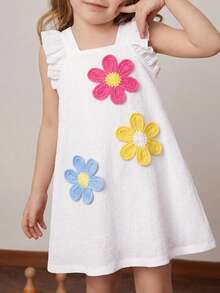 Genkimix Kids 少女无袖夏季连衣裙，方领白色荷叶袖连衣裙，宽松轻盈，自然温柔甜美优雅，适合各种夏季休闲场合，清新可爱。 - 白色 - 查看 11