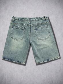 Manfinity EMRG Pantalones cortos vaqueros desgastados de estilo retro para hombres, diseño atlético de estilo callejero estadounidense de hip hop - Azul lavado medio - Ver 2