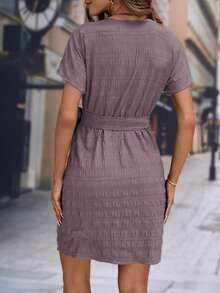 Editum Đầm ngắn dự tiệc/hẹn hò thời trang màu trơn cổ chữ V thắt nút dành cho nữ - Bụi tím - Xem 2