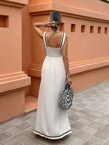 SHEIN LUNE Plus Size Women's Contrast Color Geometric Webbing Tassel Waist A-Line Casual Vacation Dress, Spring/Summer - Apricot - View 2