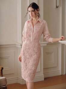 Anewsta 纹理压花提花优雅通勤法式衬衫和中长裙两件套 - 粉色 - 查看 6