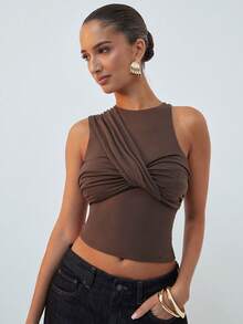 Hauture Women's Elegant Shades Of Brown Summer One Shoulder Ruched Front Twist Cropped Knit Top,Old Money Aesthetic High Neckline Bar Party Date Night Top - Brown - View 4