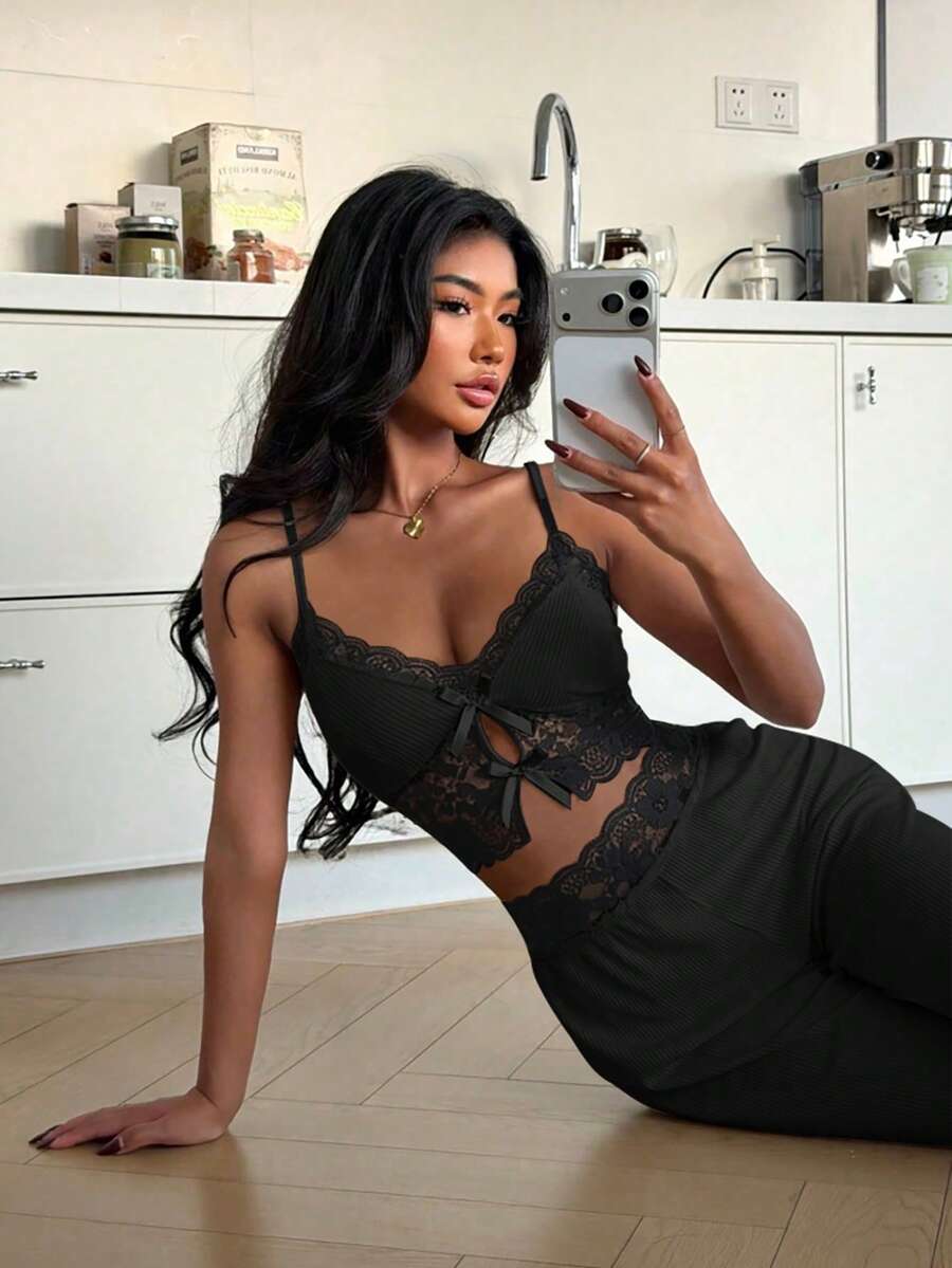 ZzzCrew 2pcs Women Sleepwear Set, Casual Lace Camisole And Pants, Bow Decor, Summer Pajamas Set - Black - View 1