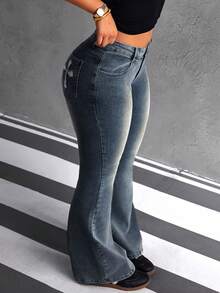 SHEIN ICON Women's Cross Embroidery Pocket Skinny Flare Leg Casual Jeans - Blue - View 2