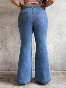Sunnyshic Plus Size Women High Waist Slim Fit Tie-Waist Flare Leg Jeans - Blue - View 2