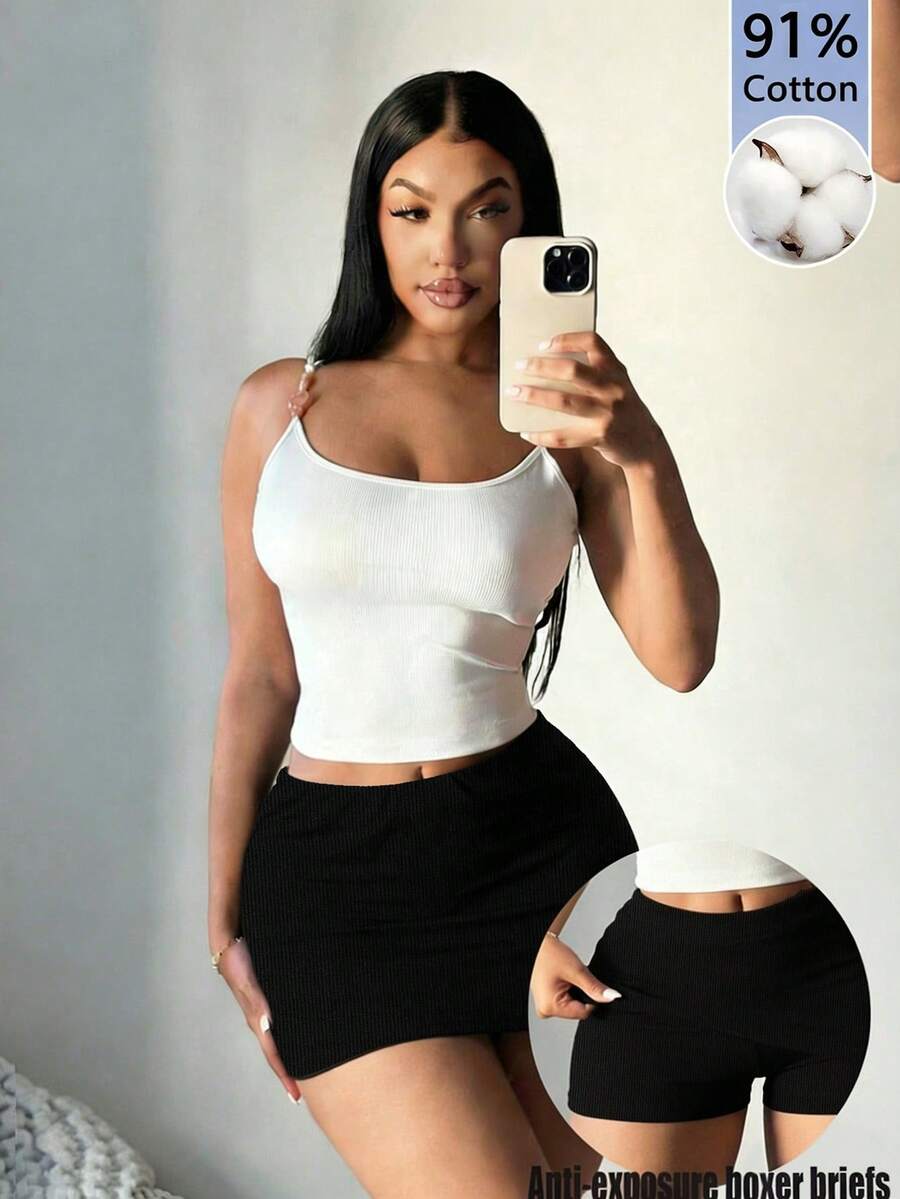SHEIN SXY 女士黑色91%纯棉性感低腰紧身迷你短裙，带衬里和防走光平角内裤 - 经典四季皆宜，适合夜店、婚礼、约会、派对、音乐节、学校和运动场合 - 彩色 - 查看 1