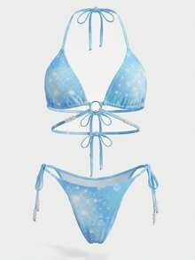 Swim SXY 新款美人鱼泳衣套装，蓝色渐变鱼鳞印花挂脖比基尼配美人鱼尾裙 - 彩色 - 查看 4