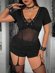 Whyspr Spring/Summer Western New Gothic Sexy Sheer Mesh Patchwork Design V-Neck Short Sleeve Fitted T-Shirt And Elastic Waist Side Slit Shorts Two Pieces Set - Black - View 5