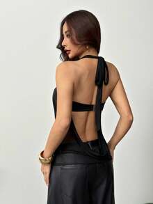 SHEIN PETITE 新款性感垂褶领露背金属装饰半透明现代背心，锐舞上衣 - 黑色 - 查看 9