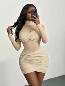 SHEIN PETITE 女士时尚性感网纱拼接立领迷你连衣裙，适合秋冬季感恩节和新年穿着，秋冬季感恩节和新年派对礼服，女士派对连衣裙 - 杏色 - 查看 12