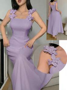 Feyla 女士纯色简约日常3D花卉装饰吊带连衣裙 - 淡紫色 - 查看 1