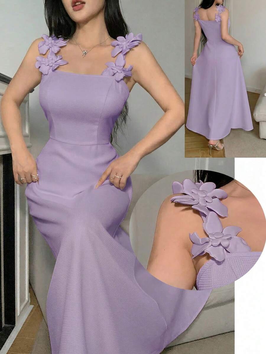 Feyla 女士纯色简约日常3D花卉装饰吊带连衣裙 - 淡紫色 - 查看 1