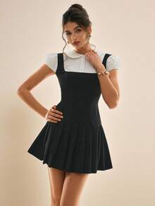 Poéselle 女士可爱迷你连衣裙，彼得潘领泡泡袖，二合一 - 黑與白 - 查看 2