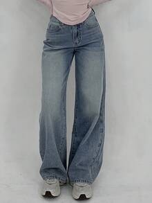 DAZY Quần jeans nữ dáng suông rộng rãi, tối giản, đa năng, thích hợp mặc hàng ngày đi làm, đã qua xử lý giặt, màu bạc. - Màu xanh lam - Xem 2