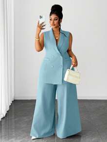 Maweii Plus Size Casual Elegant Suit Set, Blazer And Wide Leg Pants, Suitable For Work And Commute, Autumn/Winter - Baby Blue - View 1