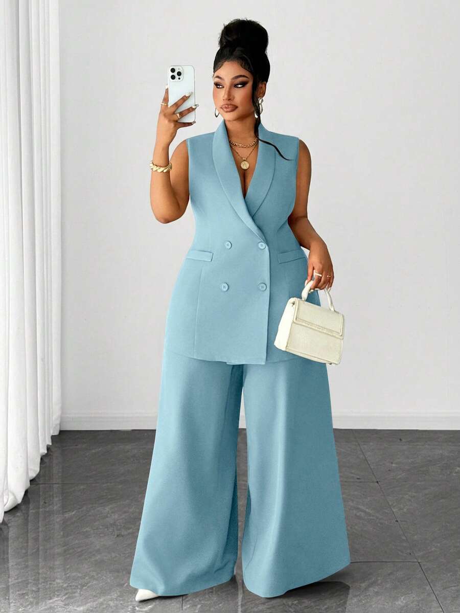Maweii Plus Size Casual Elegant Suit Set, Blazer And Wide Leg Pants, Suitable For Work And Commute, Autumn/Winter - Baby Blue - View 1