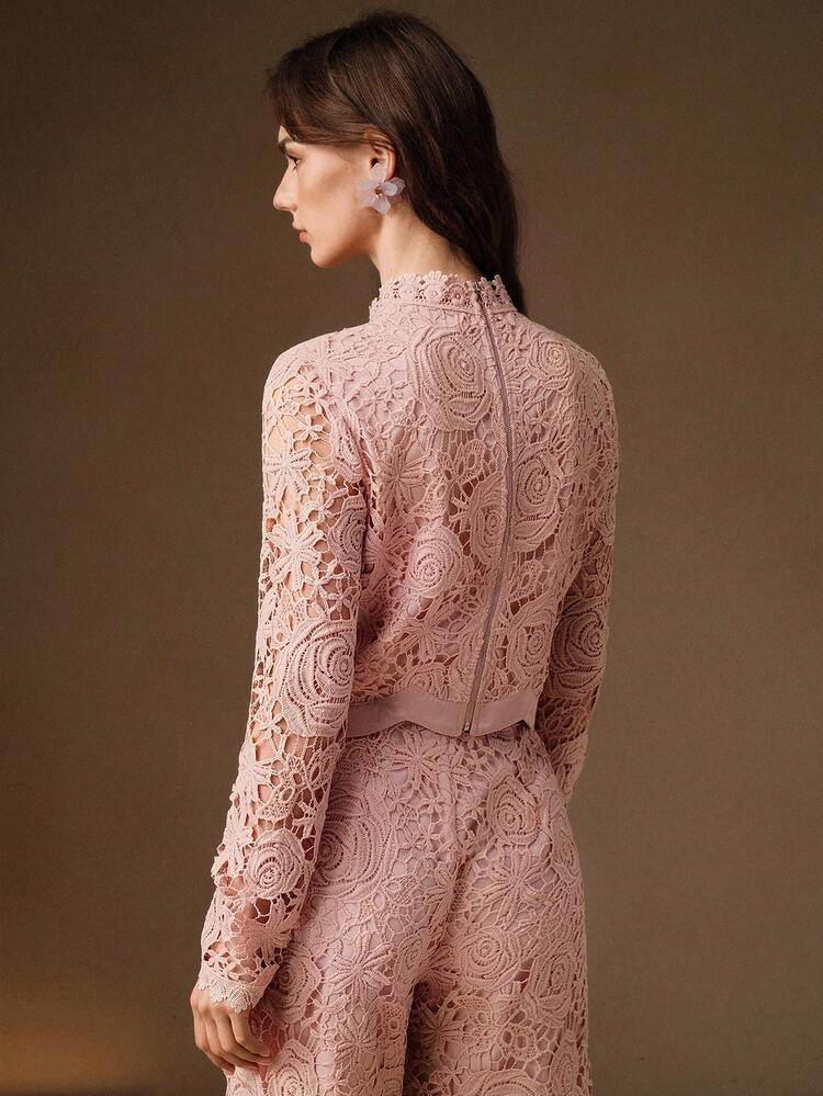 Anewsta Spring & Summer Hollow Lace Fabric Low Saturation Pink Double-Layer Loose Short Splice Satin Elegant Women Long Sleeve Blouse