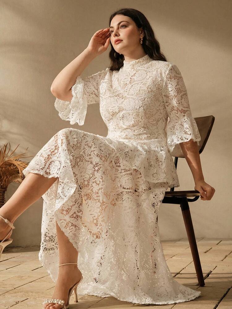 Plus Size Women's Embroidered Fabric Dress With Flared Sleeves, Stand Collar And Asymmetric Hem