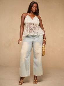 SHEIN BAE Plus Size Lace Patchwork Halter Neck Tie Seashell Tassel Blouse,White Summer Elegant Party Wedding Guest Boho Camisole Top,Textured Beach Vacation Top - Apricot - View 7
