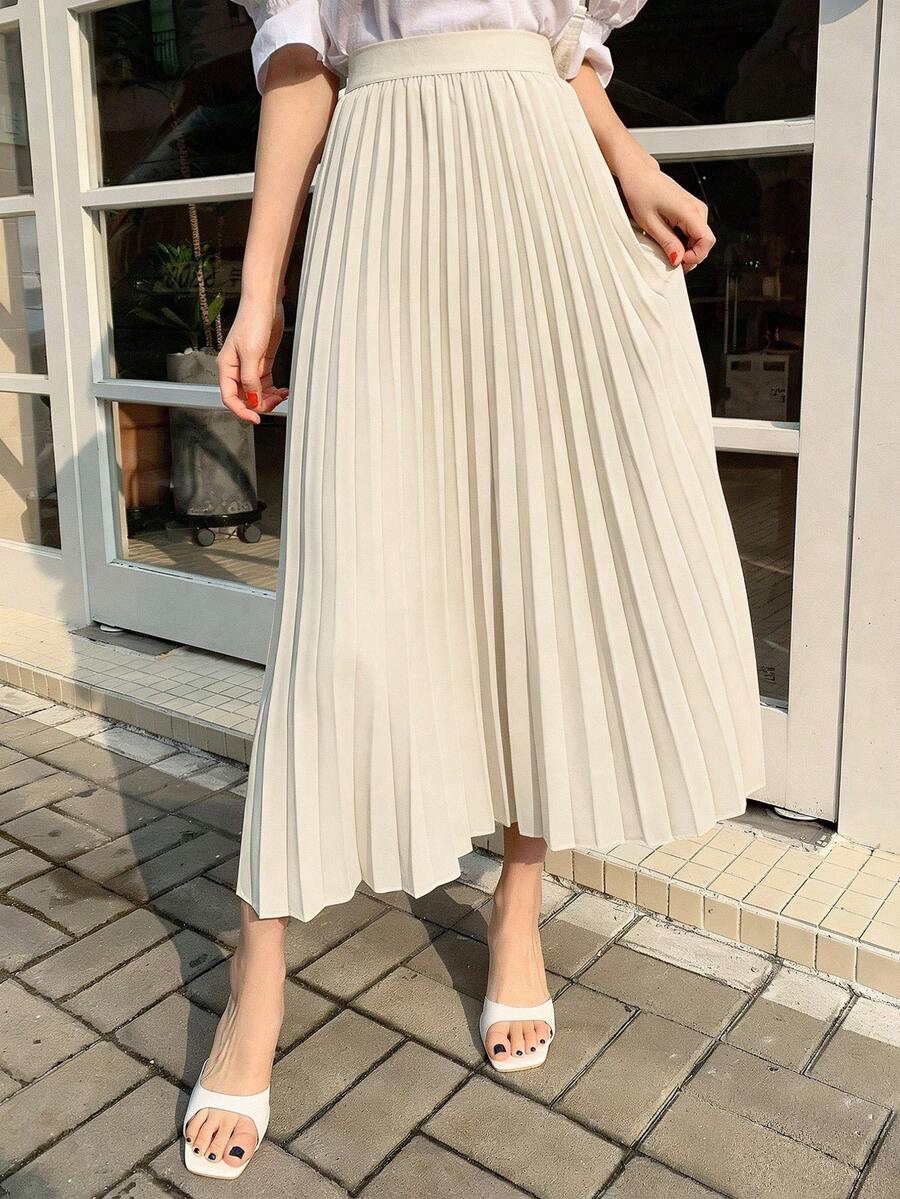DAZY Rok A-Line Lipit Elegan untuk Wanita, Musim Semi/Panas - Krem - View 1