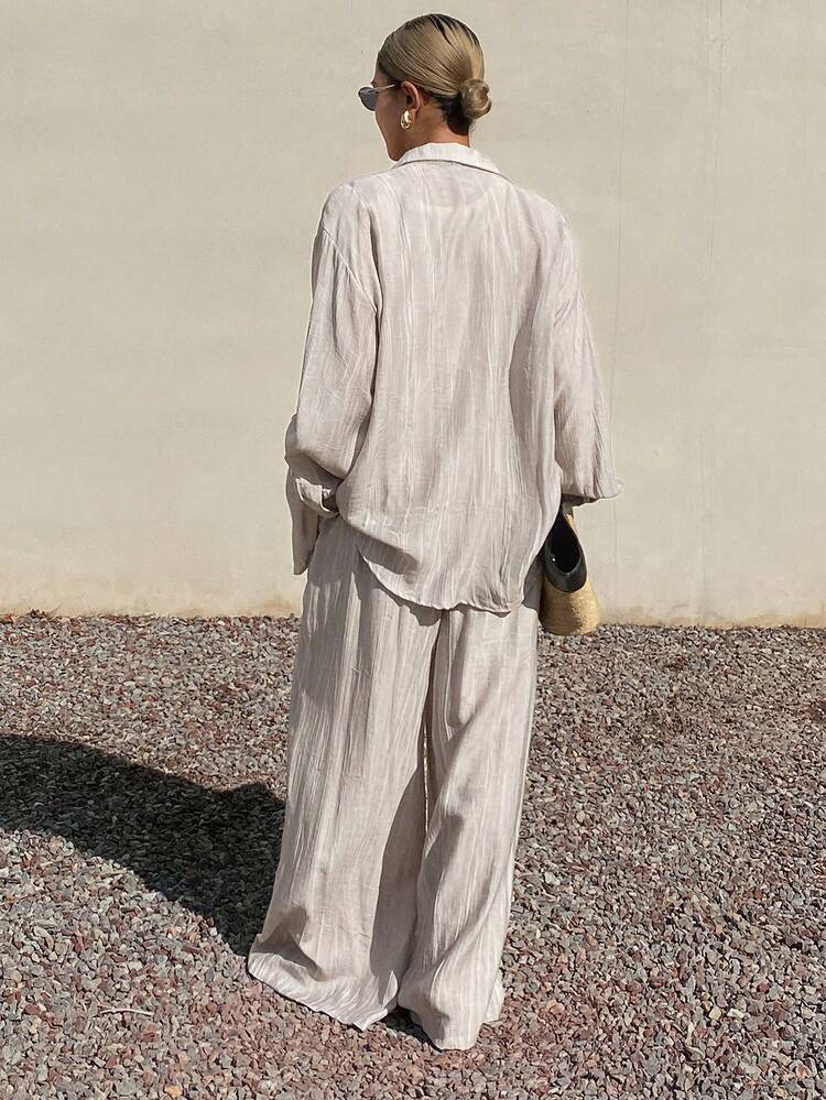 Women's Solid Color Front Button Long Sleeve Top And Elastic Waist Long Pants Casual 2 Pieces Set Summer