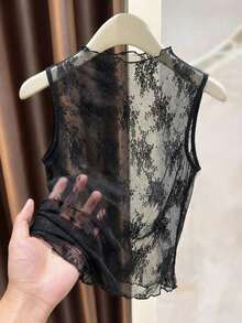 Franclia 黑色立领蕾丝透视性感无袖背心，女士无袖上衣，夏季度假，黑色上衣，沙滩装，情人节装扮，派对上衣。时尚休闲通勤装，商务办公装，百搭时尚日常休闲装，都市教师职业装 - 黑色 - 查看 2