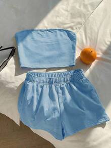 Comfortcana 2pcs Women's Casual Solid Color Blue Top/Tank And Shorts Set, Spring/Summer - Blue - View 6