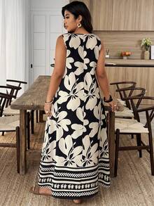 Weeklong Plus Size Women's A-Line V-Neck Sleeveless Solid Color Floral Print Casual Vacation Dress, Spring/Summer - Black and White - View 2
