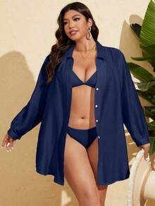SHEIN X Sofía Suescun Swim Vcay Plus Size Women's Single Silk Stripe Long Sleeve Button Down Cardigan, Vacation Beach Plus Size Shirt - Navy Blue - View 6
