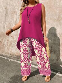 EMERY ROSE Plus Size 2 Pieces Set: Paisley Print Sleeveless Top And Wide Leg Pants - Hot Pink - View 4