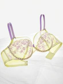 LUVLETTE Áo ngực Soft Woman Lingerie thoáng khí, có gọng, gợi cảm, không lót, giúp thu nhỏ vòng ngực, màu xanh lá nhạt và tím, ren hoa và lưới xuyên thấu, thích hợp cho đám cưới. - màu xanh lá - Xem 7