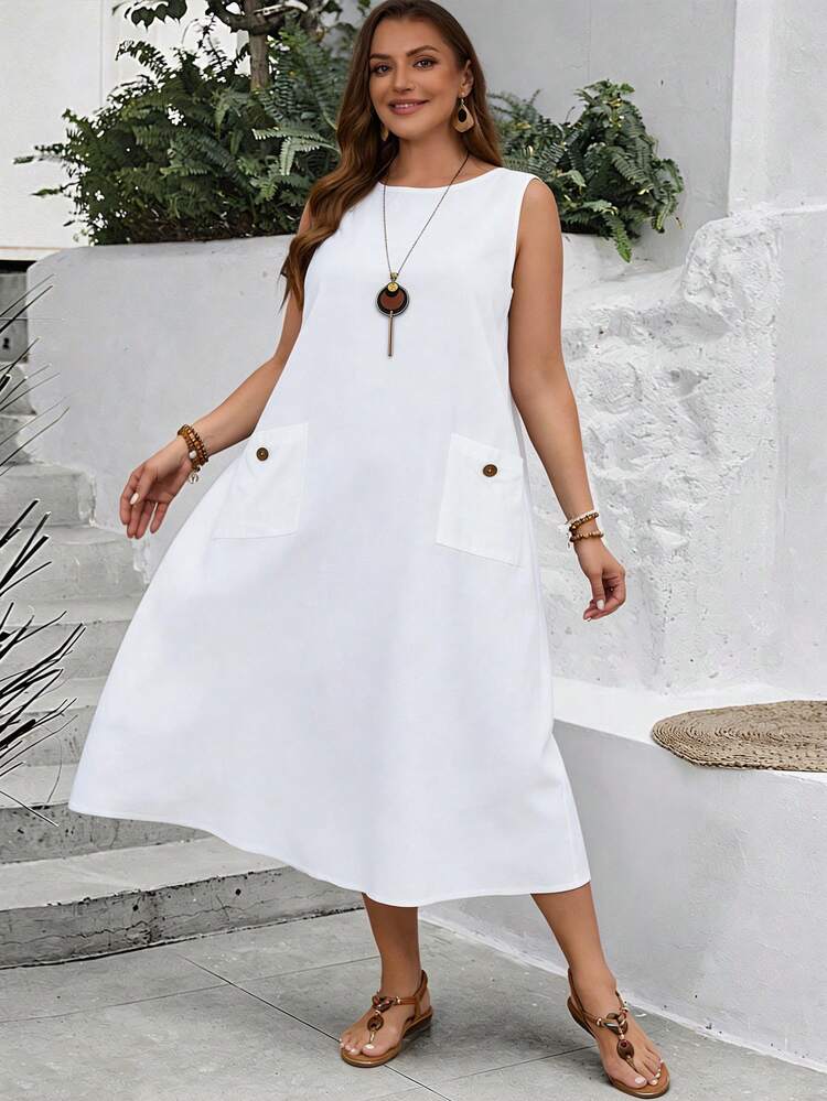 Plus Size Women's Summer Casual Vacation Country  Solid Color White Round Neck Sleeveless Casual Straight Dress With Pockets\Summer\Vacation,Summer Holiday,Spring Break Outfits ,Vacation Outfits Women ,Holiday Outfits For Women,Going Out Outfits,2026 New Clothes,Simple And Fashionable For Everyday Wear,Suitable For Summer, Vacation,Daily Wear, White Sundress For Women, Summer Dress With Pocket, White Dress,Casual Dresses For Women,Flowy Dress ,White Dress ,Beach Outfits For Women ,Casual Vacation Boho Dress