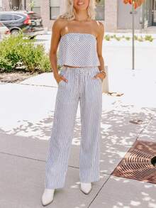 Coeurva 女士春夏时尚休闲优雅浪漫简约条纹两件套，适合日常穿着，蓝色两件套和白色两件套 - 藍白色 - 查看 4