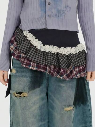 ROMWE 1件黑色和红色Y2K千禧辣妹复古学院风双色格子拼接蕾丝设计腰带，时尚简约女士单品，适合日常、大学、约会、旅行、购物等场合。