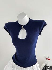 Elamini Atasan Rajut Pendek Musim Panas, Atasan Rajut Lengan Pendek dengan Kerah Cheongsam - Navy Blue - View 4