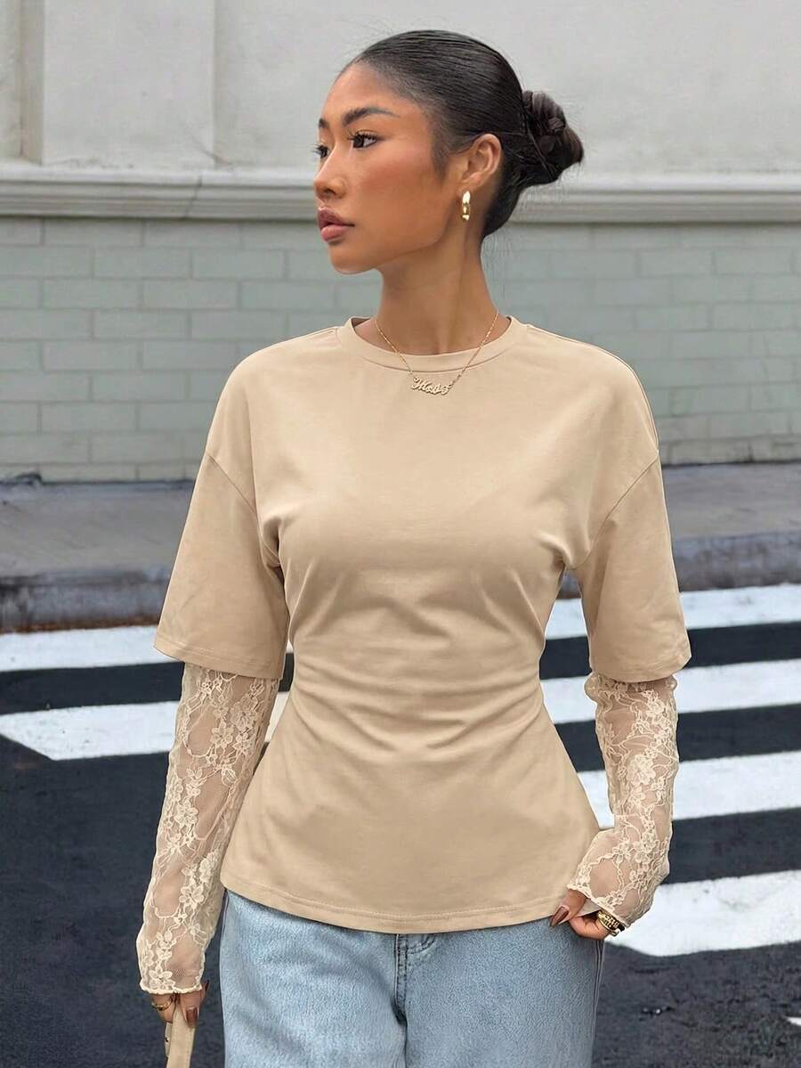 Muchica 女士杏色针织蕾丝拼接T恤，适合外出、街头穿搭、Y2K风格，杏色蕾丝袖上衣 - 杏色 - 查看 1