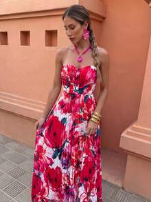 Elenzga Halloween Red Bustier Waist Pleated Floral Print Dress - Red - View 3