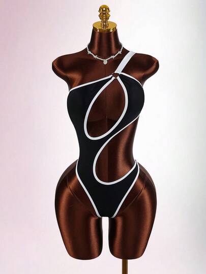 Amplova Traje de baño de una pieza con estampado de leopardo asimétrico para mujer, sexy y vanguardista, adecuado para vacaciones, con diseño de corte en la cintura y hueco delantero, apropiado para la playa