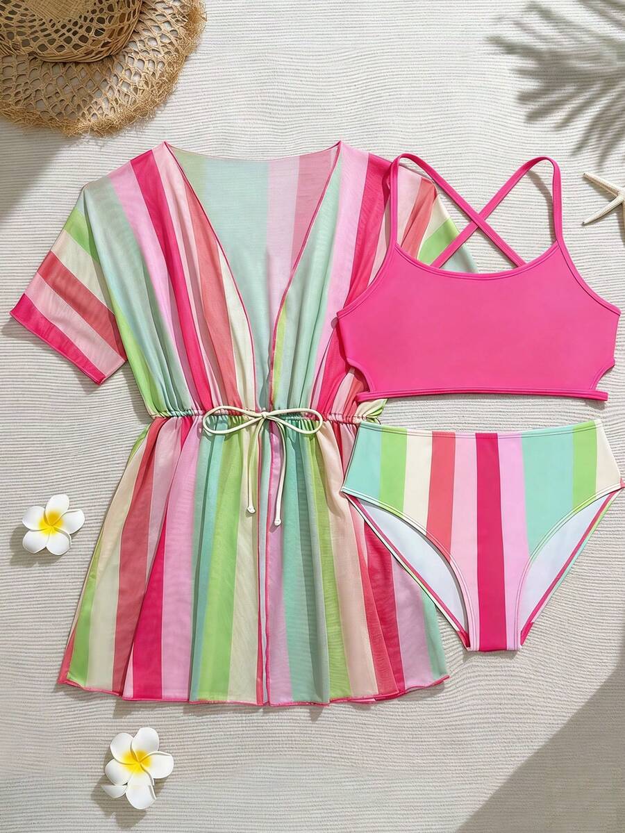 SHEIN Teen Girls Colorful Striped Knit Bikini Set,Macaron 3-Piece Swimwear With Sun Protection Cover-Up,High-Waisted Summer Beach Vacation Holiday Outfit - Multicolor - View 1