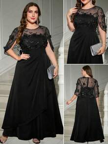 Reflora Plus Size Floral Decor Round Neck Short Sleeve Dress - Black - View 2