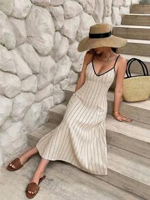 Serisse Đầm midi nữ kẻ sọc hở lưng buộc dây kiểu dáng thường ngày - Màu be - Xem 8