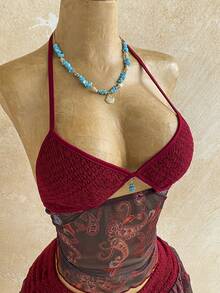 Soleia Set Atasan Halter Berpotongan Motif Kacang Mete dan Rok Mini untuk Liburan Wanita - Burgundy - View 4