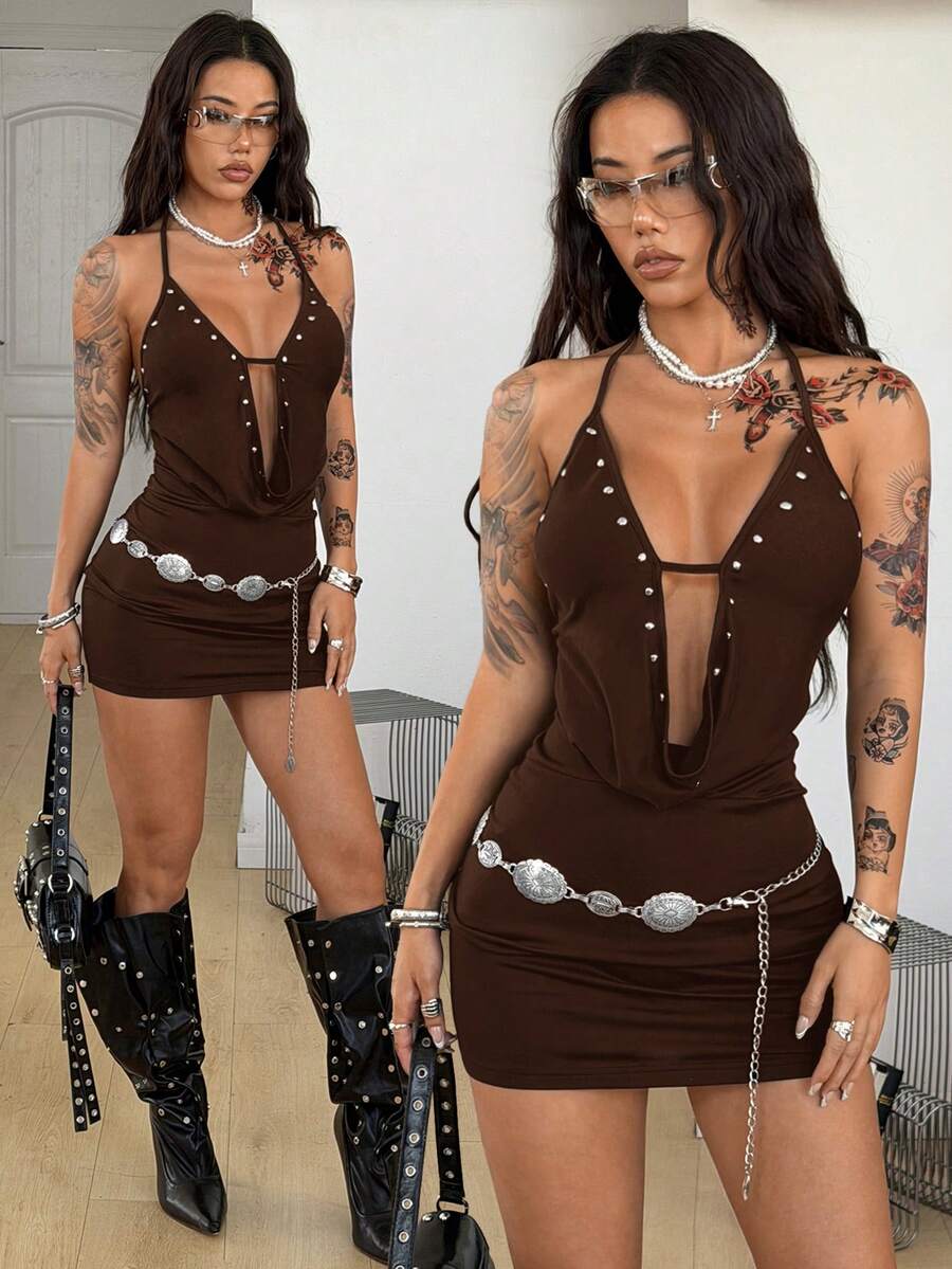 Coolane Đầm mini cổ đổ màu đen kiểu punk đính đinh tán, phong cách đường phố mùa xuân dành cho nữ, thích hợp dự tiệc, rave. - màu nâu - Xem 1