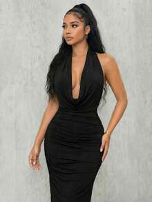 Eryvara Fitted Sexy Halter Draped Backless Solid Color Dress, Elegant And Fashionable - Black - View 6